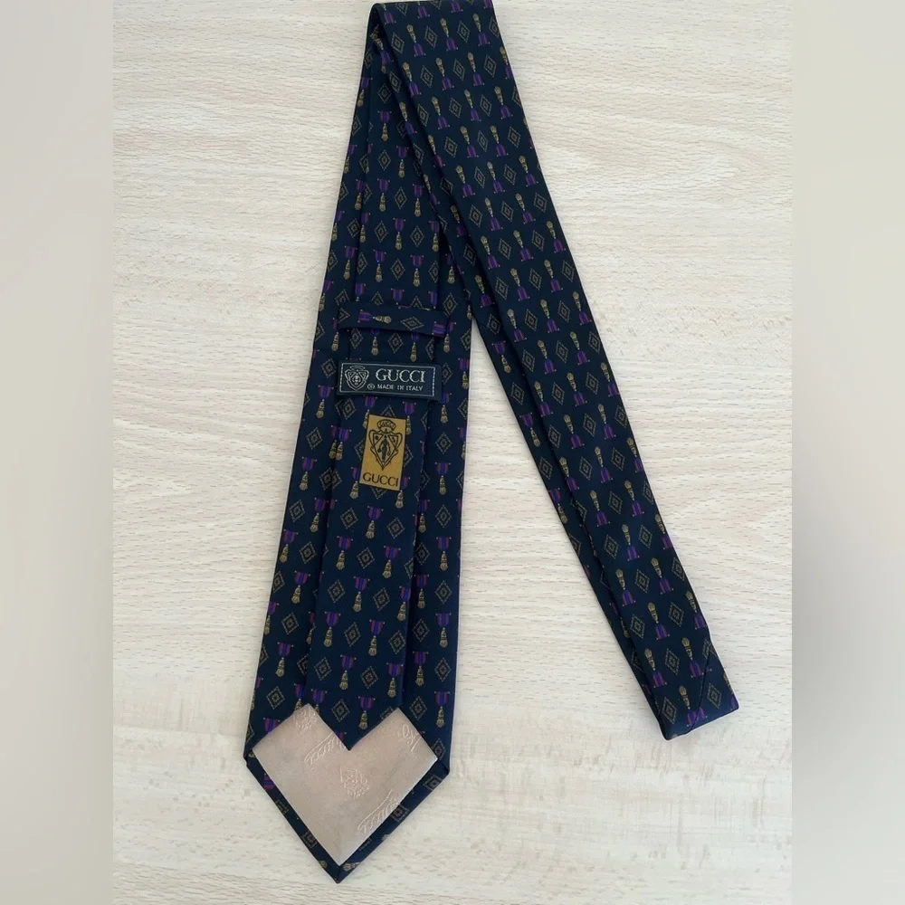 Gucci Black Silk Tie Gold Tassels,Fuschia Pink and blue Pattern Vintage BNWOT